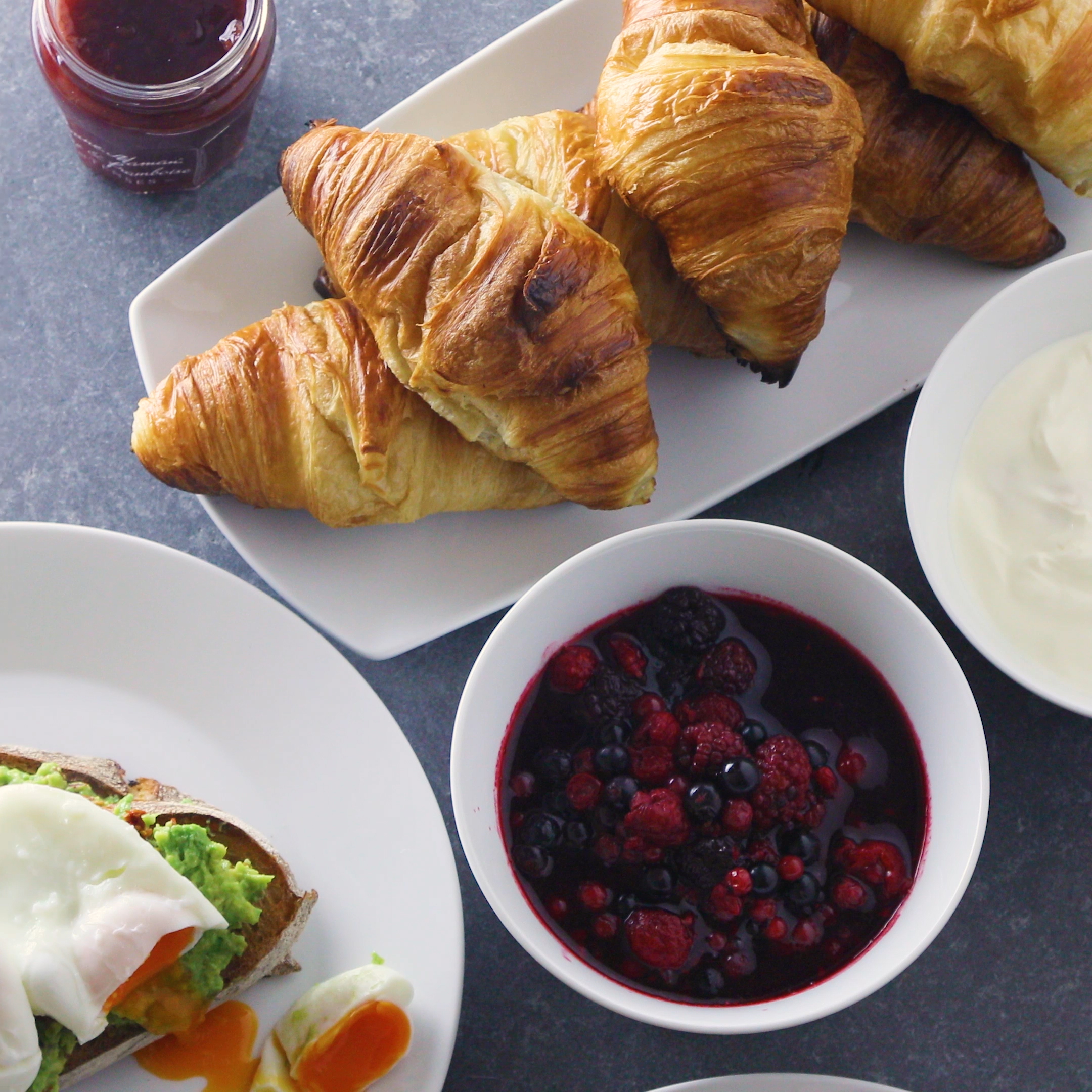 Croissants, compote and poached eggs 