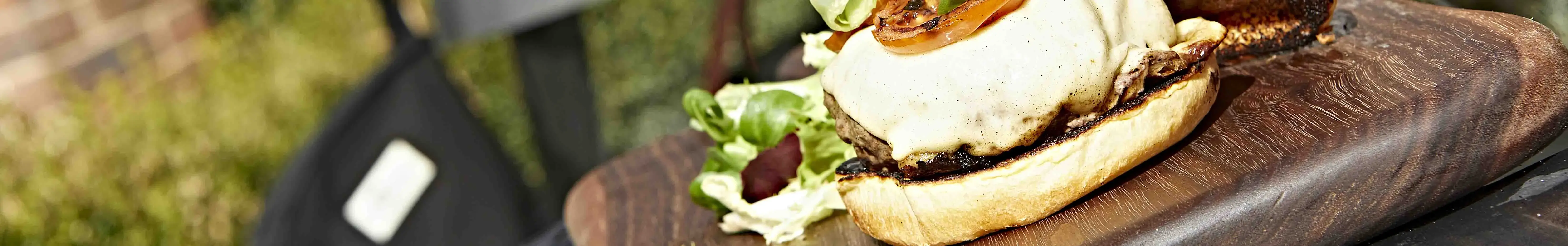 Beef Burger Served on Wood Board