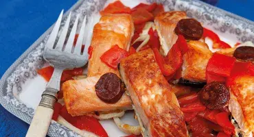 Salmon, Chorizo and Roasted Peppers