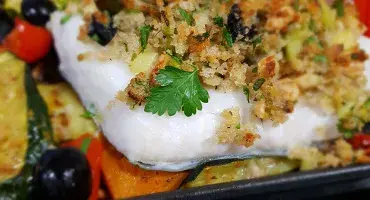 Hazlenut & Olive Topped Cod with Griddled Vegetables
