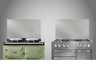 AGA Cooker in Olivine and Mercury in Stainless Steel with Stainless Steel Splashback