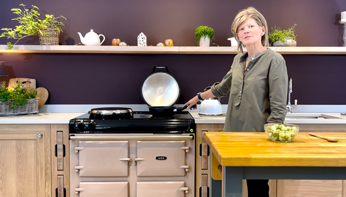 Naomi Hansell cooking brussels sprouts on an AGA cooker