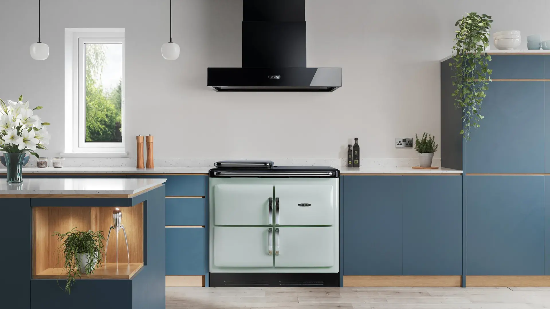 Rayburn Ranger in Mist with blue cabinetry 