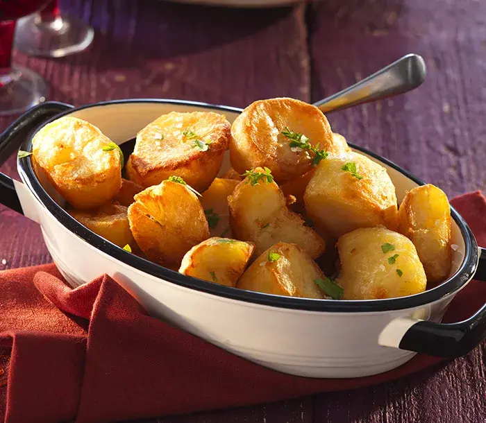 Roast potatoes in a dish 