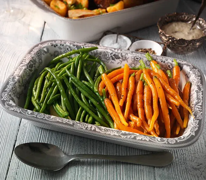 Carrots and green beans in Portmeirion roasting tray