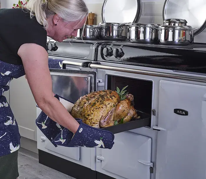 Cooked Turkey coming out the AGA oven