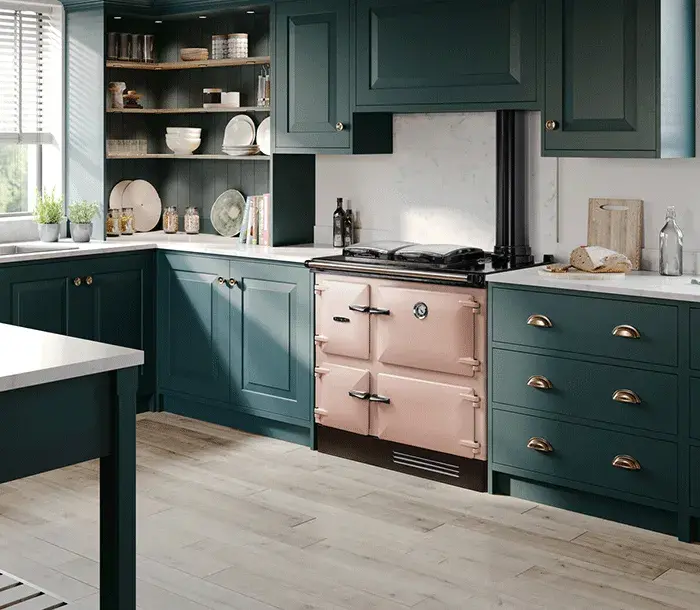 Rayburn Heatranger in Blush with blue cabinetry 