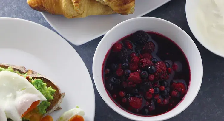 Croissants, compote and poached eggs