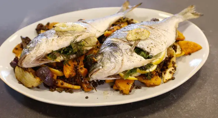 Baked Sea Bream with Roasted Vegetables and Puy Lentils